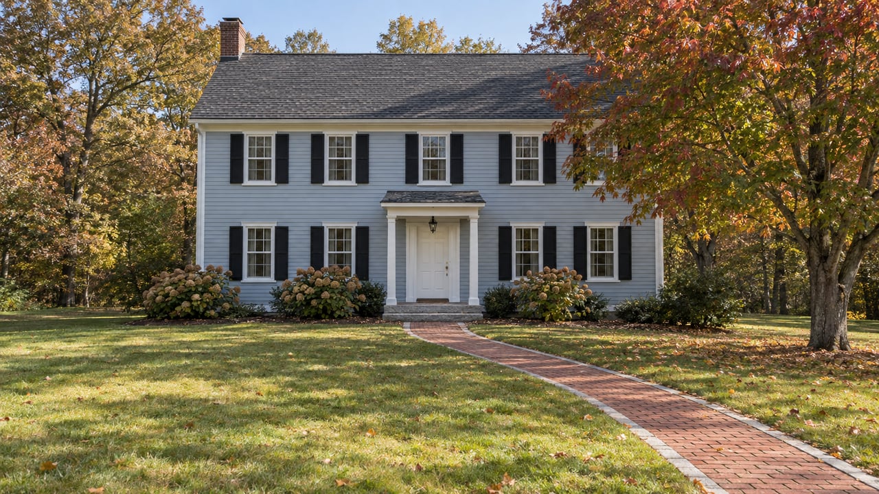Pale blue-gray colonial home beyond a deep autumn lawn, with white window trim, black shutters, a brick walk and a mature red maple.
