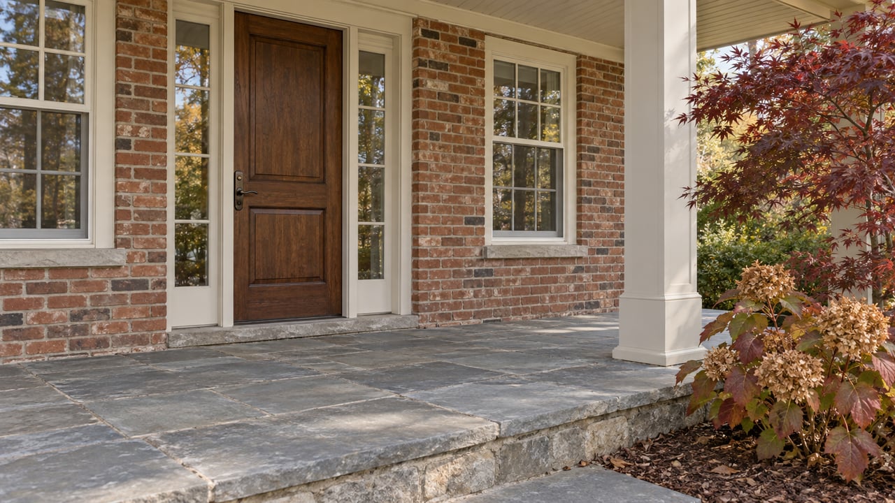 Walnut front door and paired sidelights on a brick home’s bluestone porch, beside burgundy maple leaves and autumn oakleaf hydrangeas.