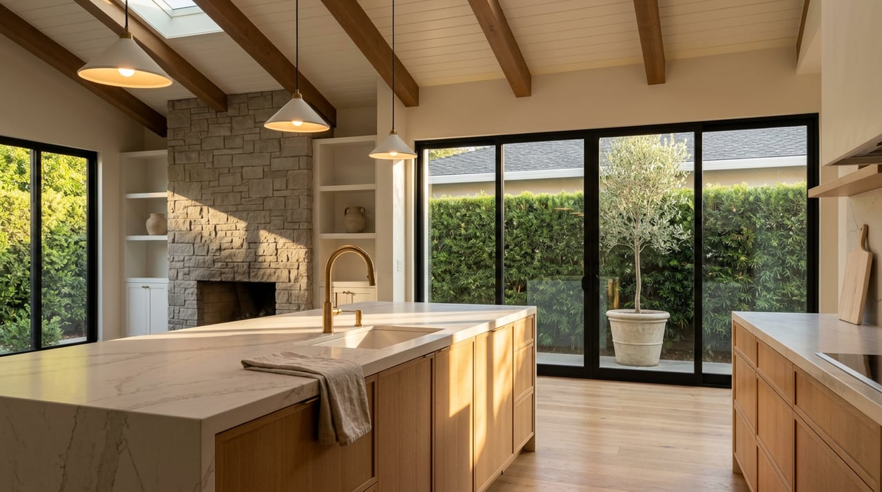 Great room with a veined quartz island, stacked-stone fireplace, vaulted wood beams, and glass doors opening to a hedge and olive tree.