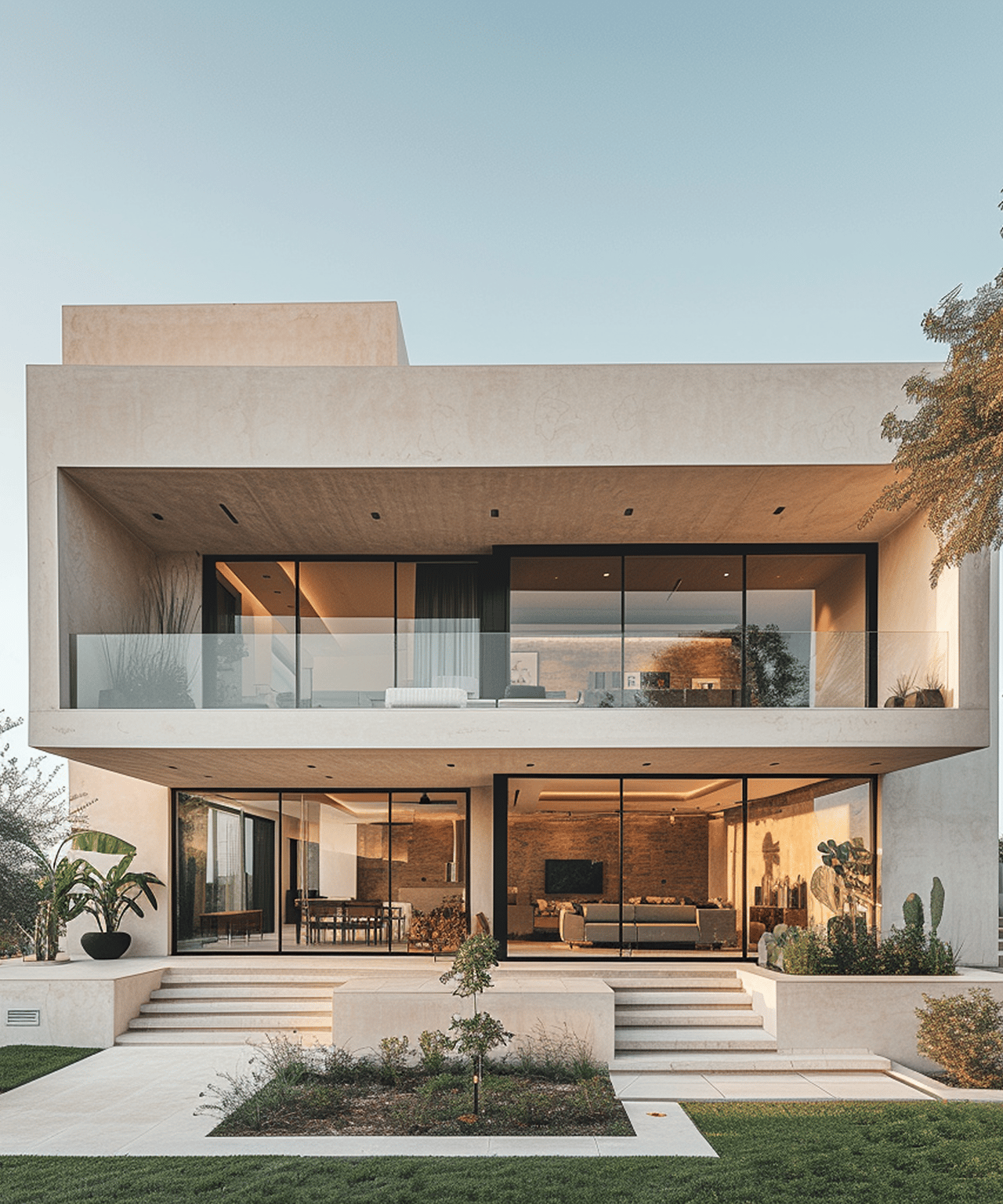 Modern white two-story home with a glass balcony, broad windows, and landscaped front steps.