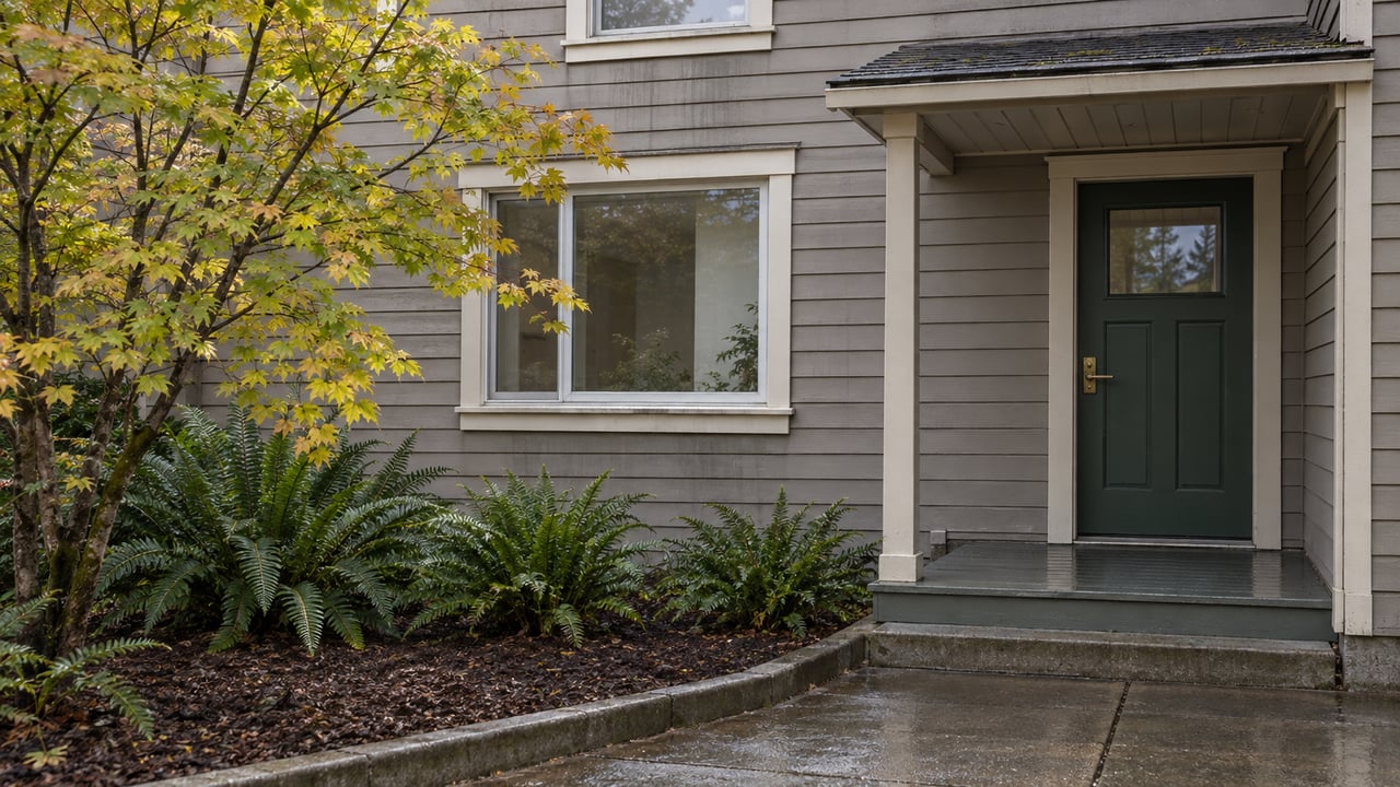 Weathered gray clapboard apartment entrance beside a closed window, with a damp concrete approach, vine maple and sword ferns.
