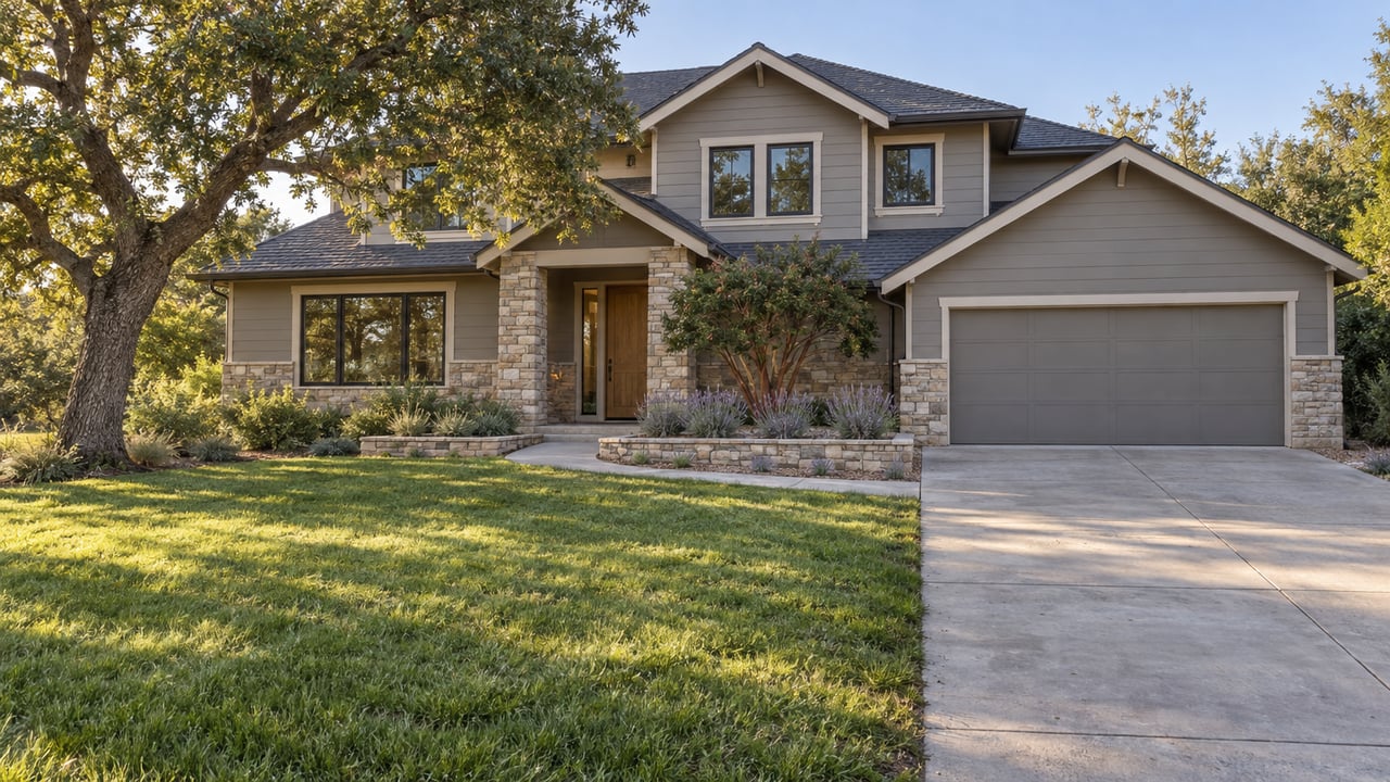 A two-story home with pitched gables, gray siding, stone entry columns, a broad front lawn, and an oak shading the approach.