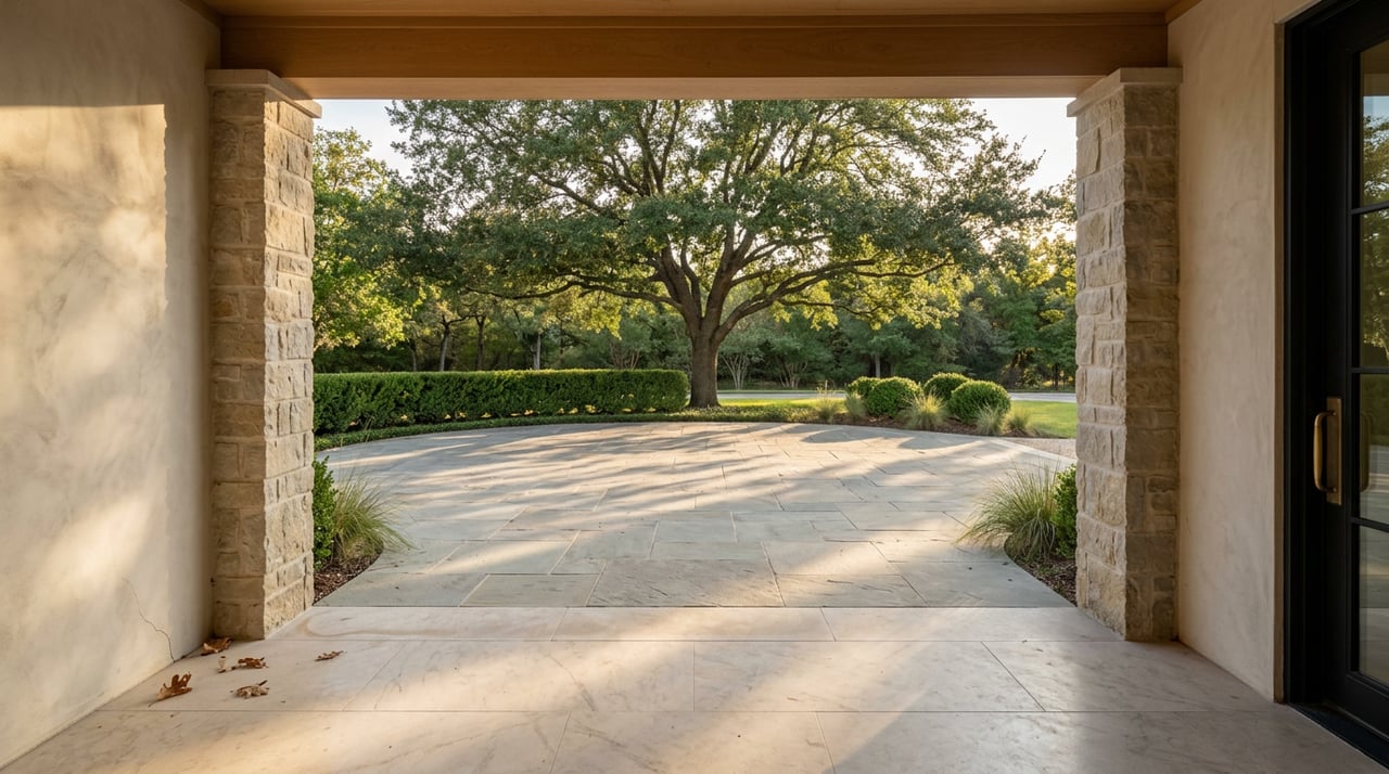 Limestone portico frames a curved flagstone motor court, low hedge, and broad live oak.