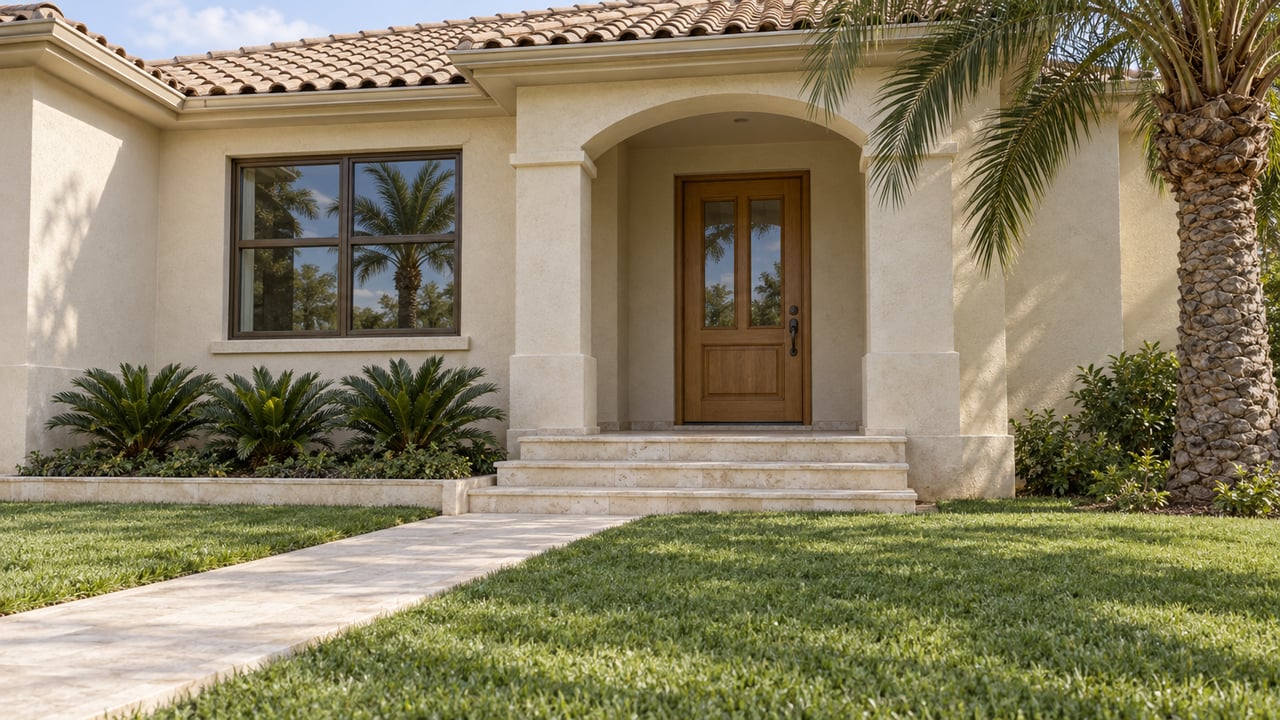 Sunlit stucco home with a recessed oak entry, limestone approach, broad green lawn and a mature palm.