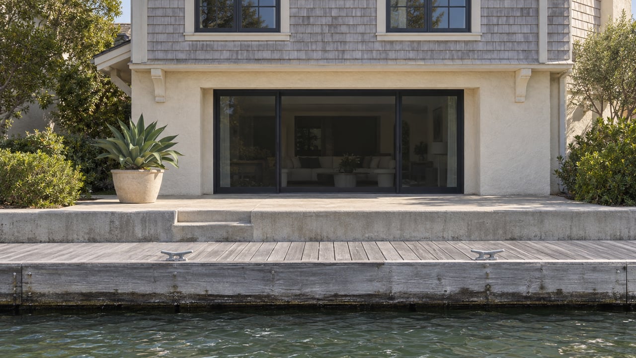 Waterfront townhouse with a gray dock, raised terrace, black sliding doors, and a potted agave.