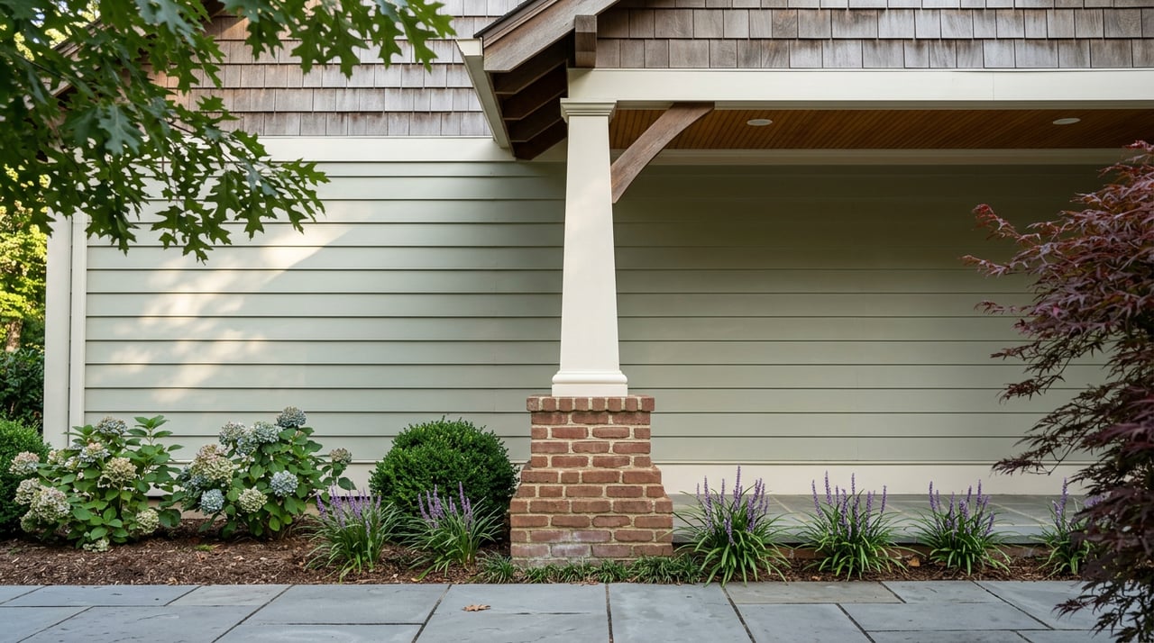 Off-white tapered porch column on a red-brown brick pier beneath a cedar-shingle gable with exposed rafters.