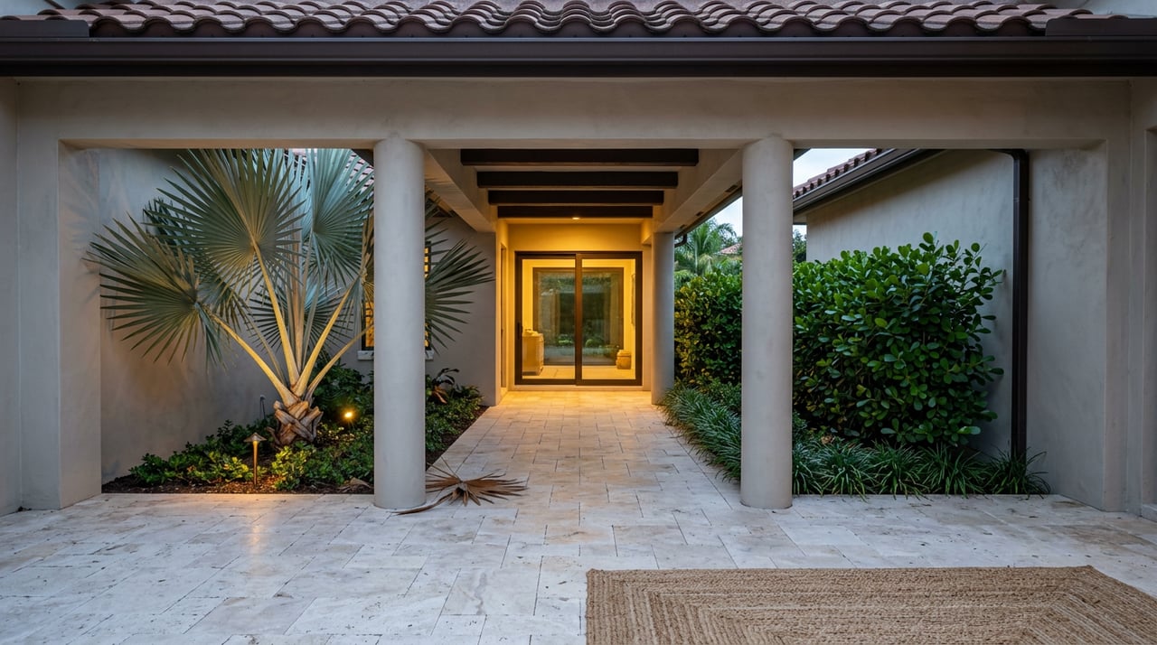 Stucco breezeway with round columns and travertine paving leads to warm-lit bronze-framed glass doors beside a blue-green palm.