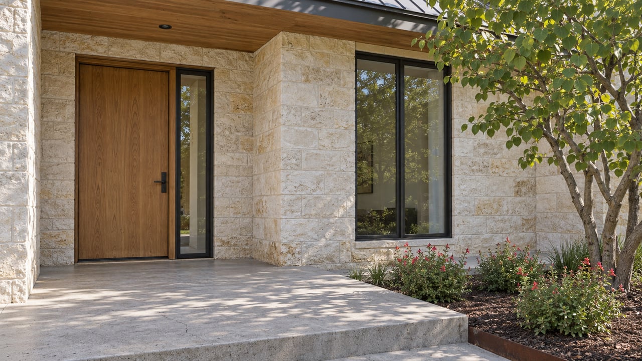 Sheltered oak entry and tall black-framed window set into pale limestone, beside a concrete landing and redbud planting.