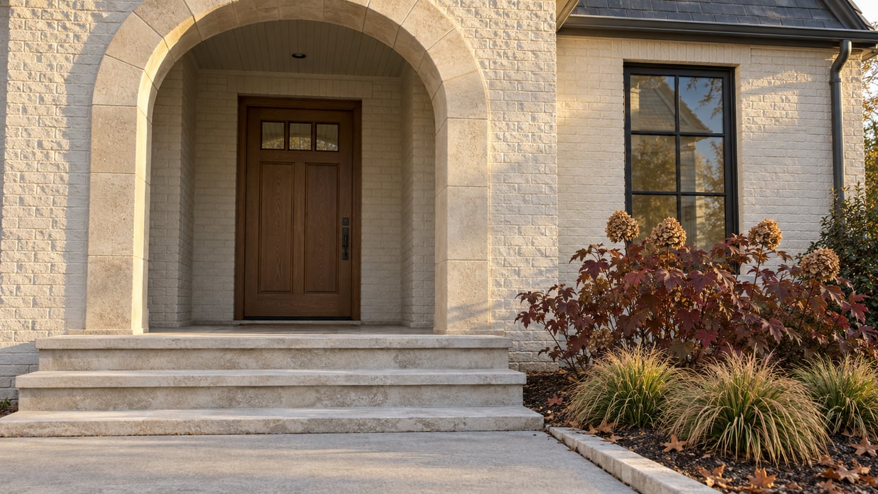 Late-afternoon light on an ivory brick home's limestone arched entry, oak front door, and autumn planting beside broad stone steps.