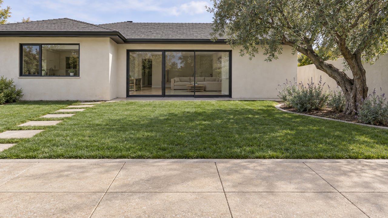 A generous lawn and concrete patio face an updated single-story home, with ivory stucco, closed bronze-framed glass doors and one mature olive tree.