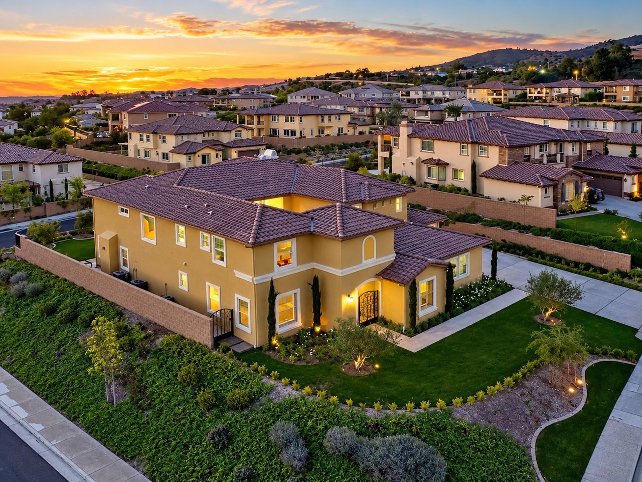 Aerial view of a two-story stucco home with a landscaped yard and tiled roof at sunset.