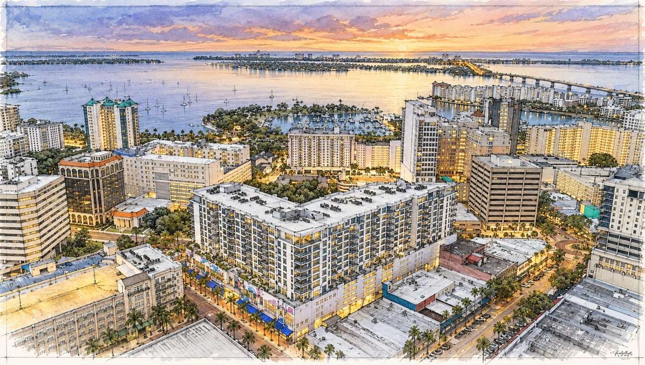 Waterfront condominium development overlooking a marina and bay at sunset.