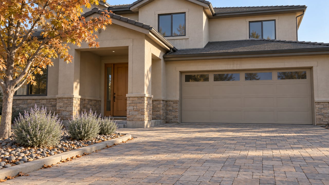 Autumn light across a paver approach to a greige stucco home with stone wainscot and a copper-gold maple.
