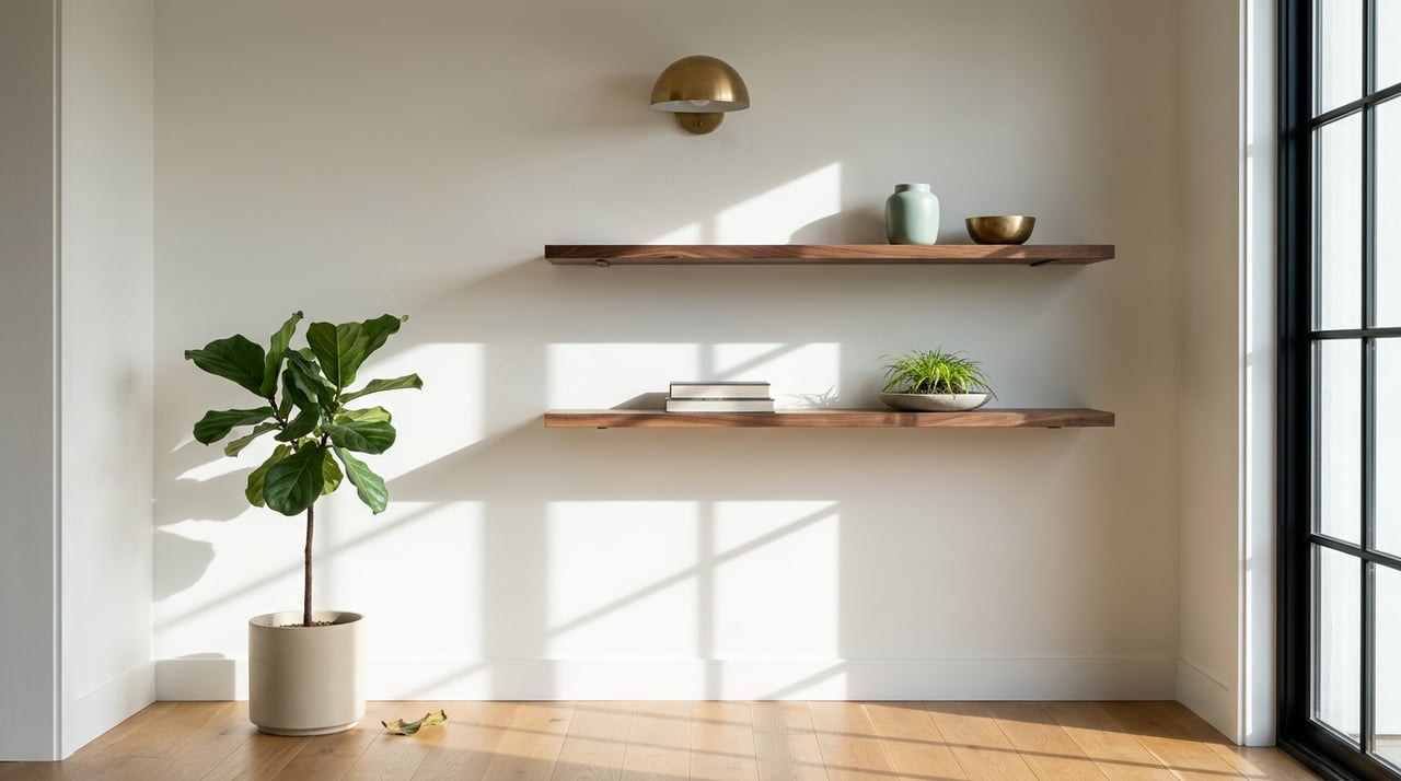 Two walnut shelves on a plaster wall, with a fiddle-leaf fig below and crisp window shadows.