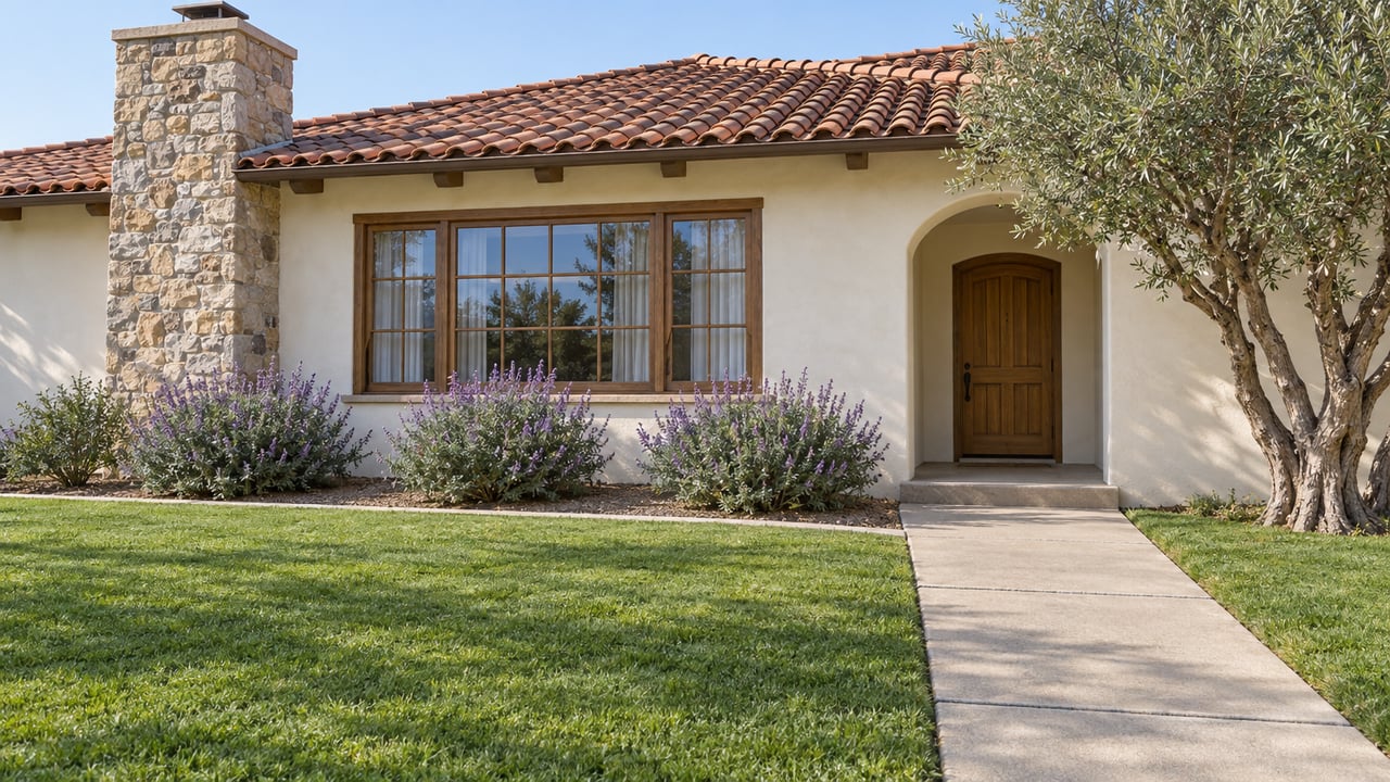 Single-story ivory stucco home with a clay-tile roof, stone chimney, shaded arched entry and a deep front lawn beside a mature olive tree.