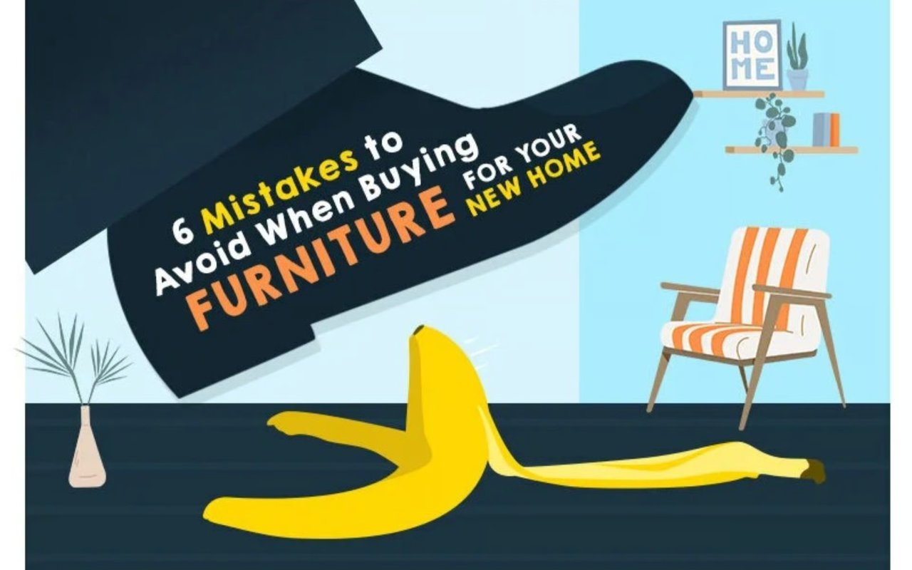 Illustrated title graphic about six furniture-buying mistakes, with a peeled banana on the floor and a striped chair.