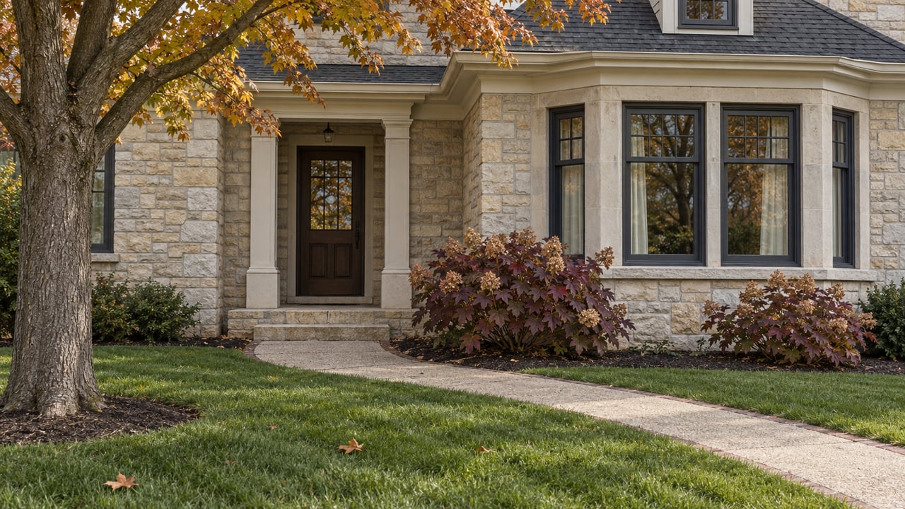 Pale masonry home with tall dark-framed bay windows, a recessed oak front door, and an autumn maple beside a broad lawn and stone approach.