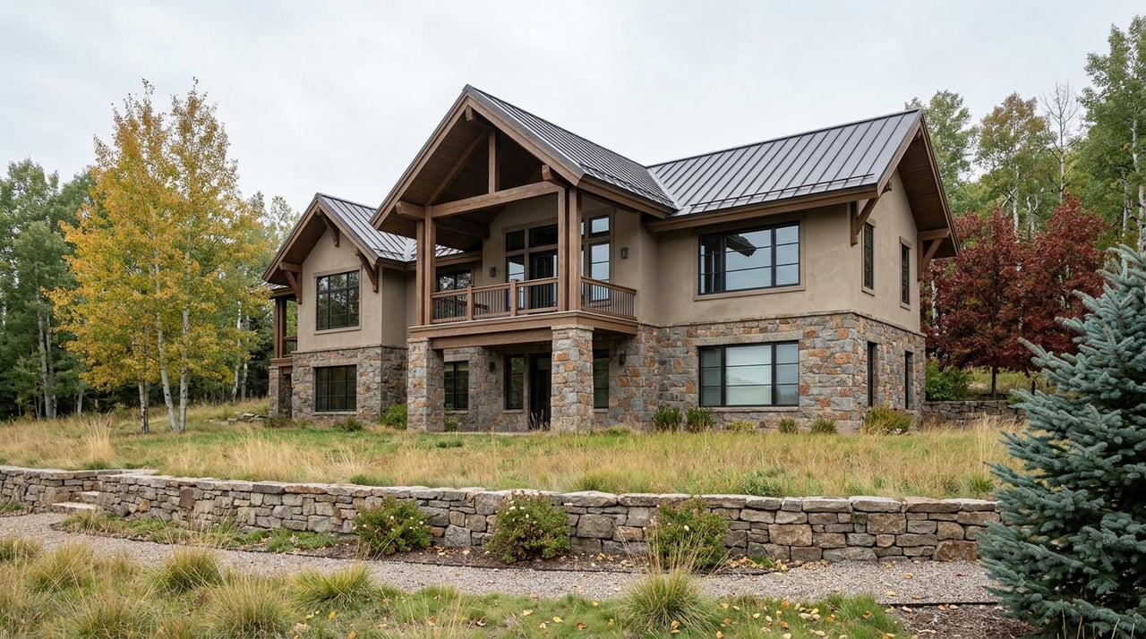 Two-story timber-and-stone mountain estate beside an open meadow, with golden aspens and a dry-stacked stone wall.