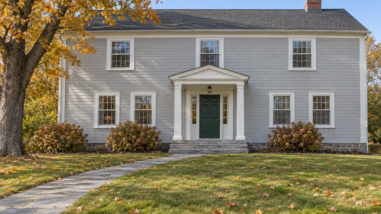 Traditional pale-gray clapboard home with divided-light windows, a granite entry and an amber-leaved maple beside a deep front lawn.
