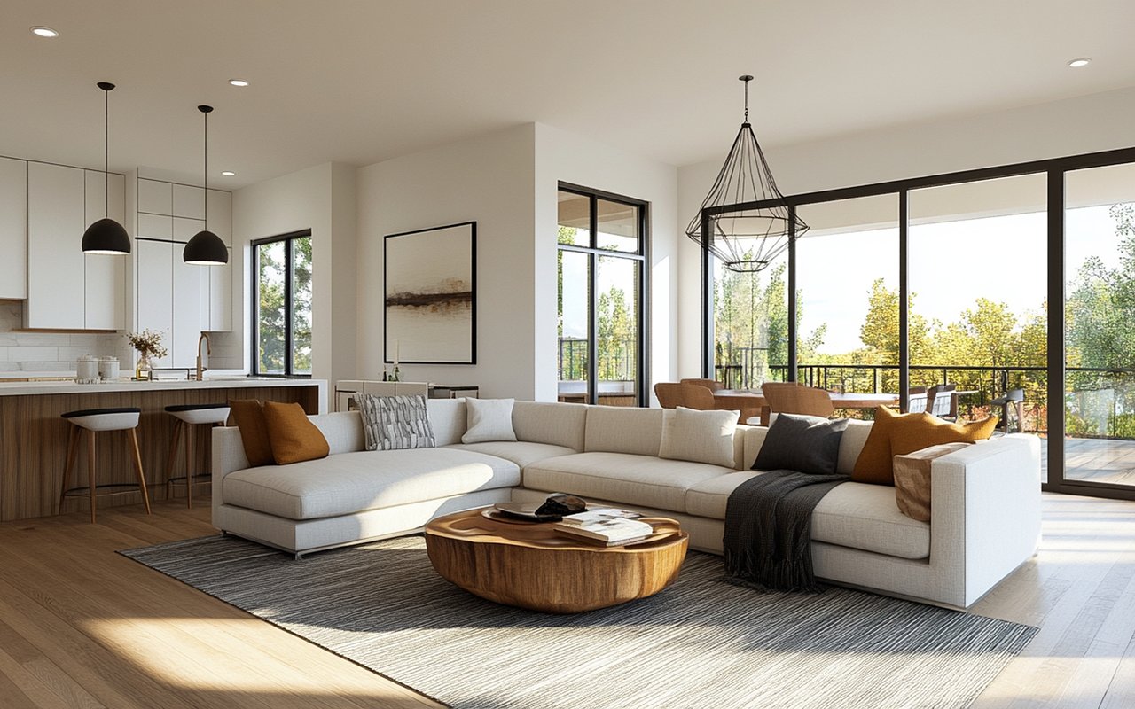 Open-plan living room with a cream sectional, round wood coffee table, and floor-to-ceiling windows.