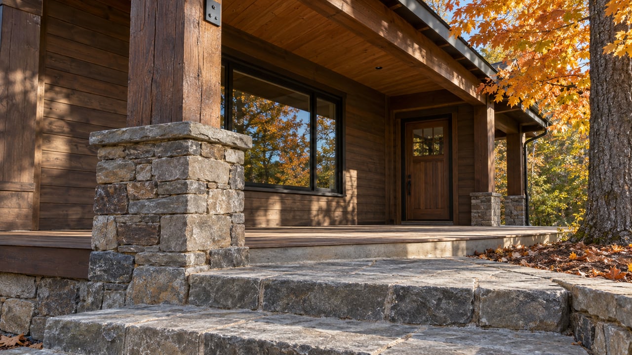 Morning sunlight on weathered cedar and stacked stone at a home's porch, with golden sugar maple leaves at the edge.