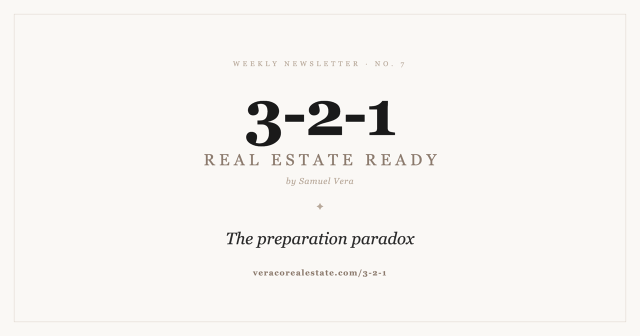 Newsletter title card: 3-2-1 Real Estate Ready by Samuel Vera, The preparation paradox.