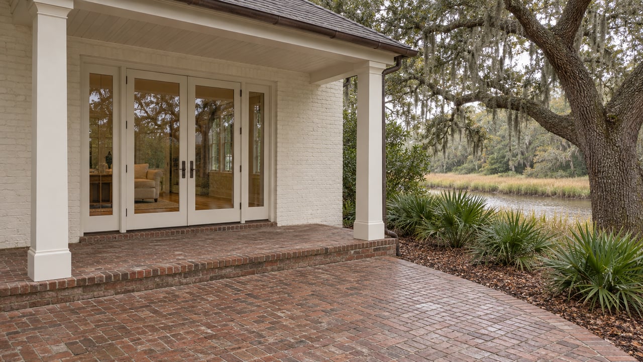 Cream painted-brick home with glazed porch doors, a weathered brick terrace, and a live oak beside autumn marsh grasses.