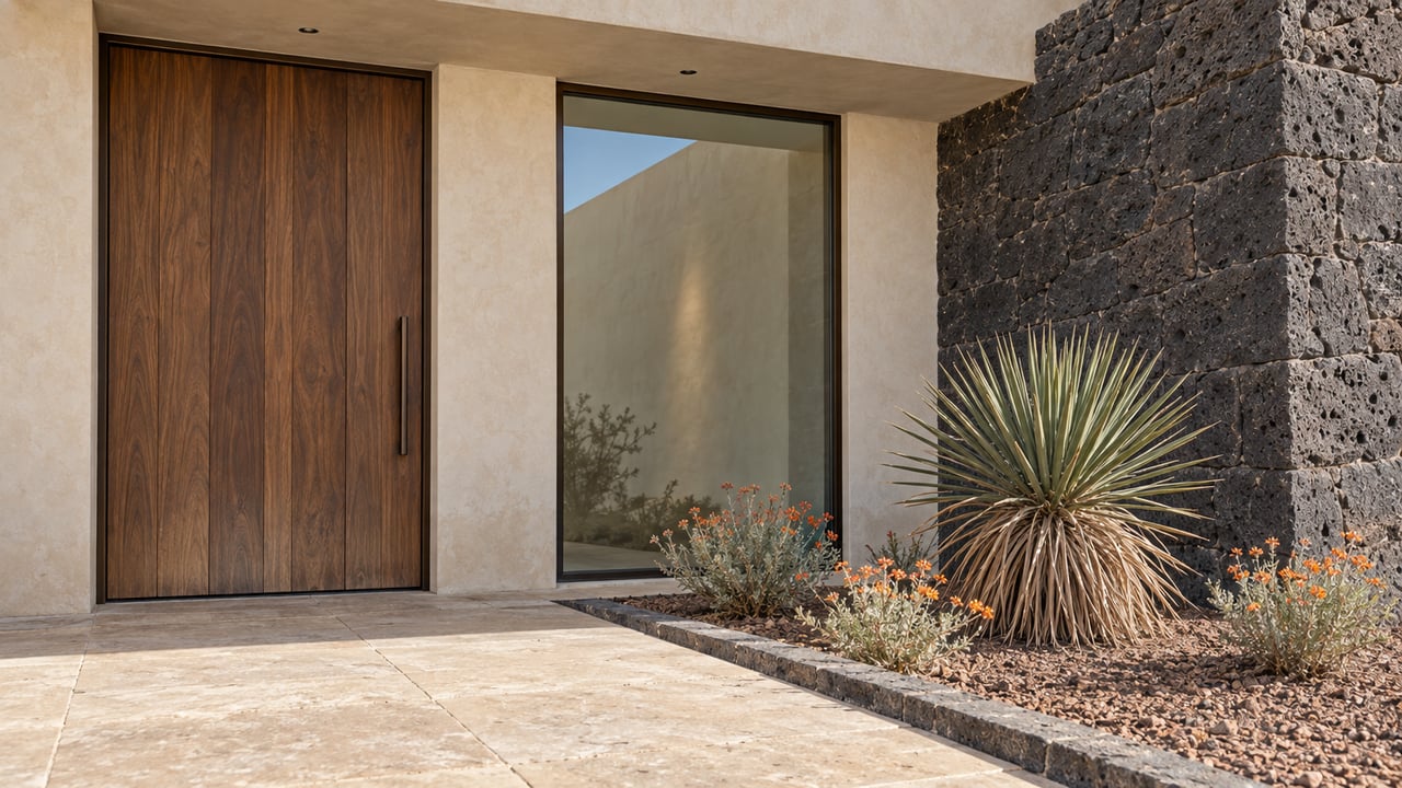 Close view of a walnut entry door, bronze-framed window, cream stucco and dark basalt beside a sandstone terrace with yucca and orange-flowering globemallow.