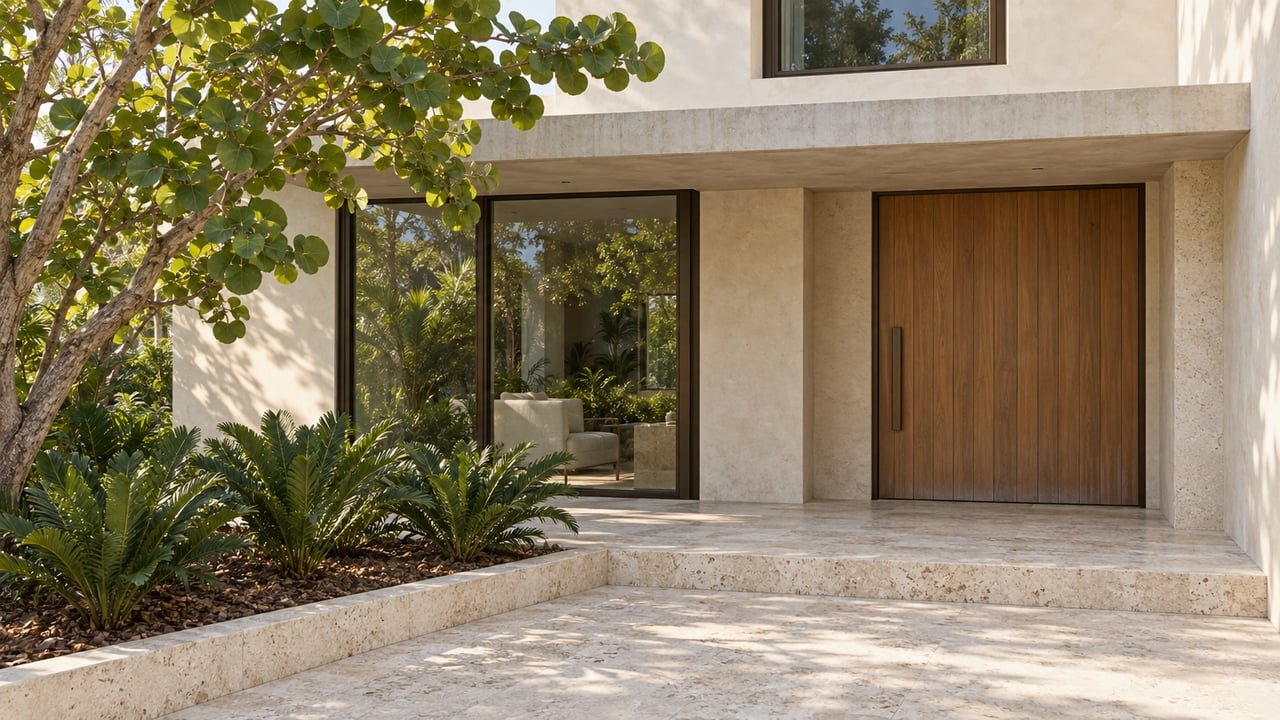 Sunlit plaster and teak home entrance with shell limestone paving, a sea grape tree and coontie planting.