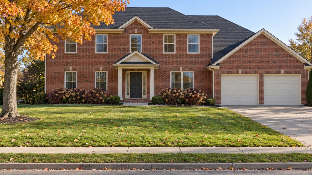 Two-story red brick home with cream trim, a broad lawn and an orange-leaved maple in early morning sunlight.