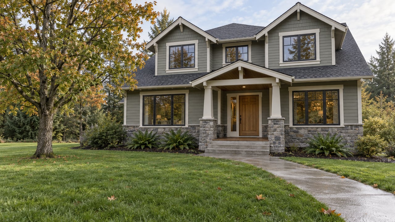 Gray-green gabled home with a covered porch, deep autumn lawn, and a branching maple beside the approach.