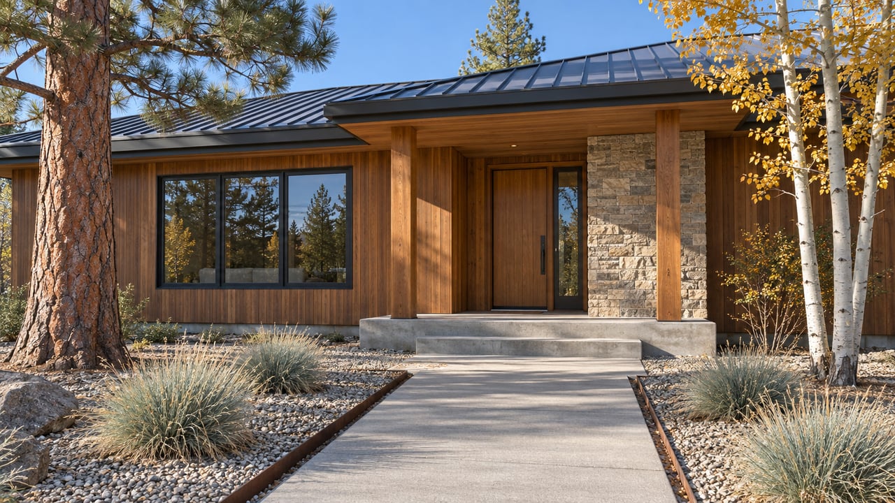 Wood-and-stone home with a covered entry, broad dark-framed windows and a concrete approach between pine and golden aspen trees.
