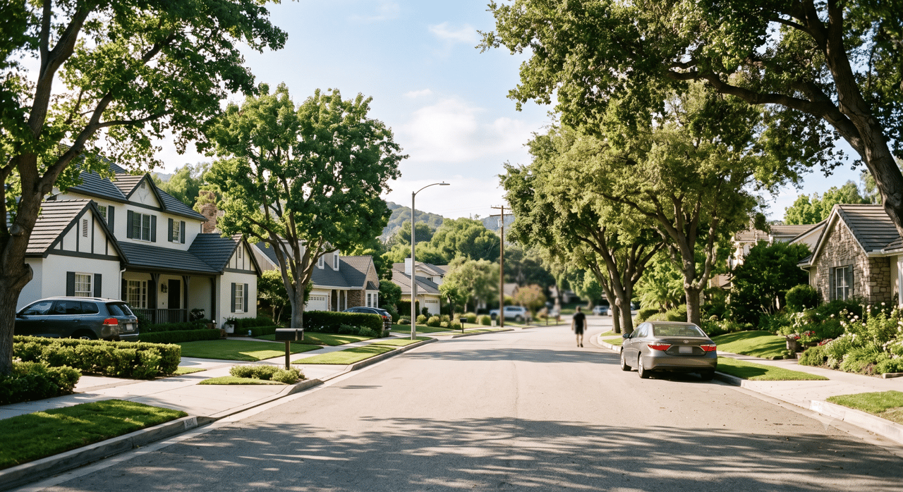 Tree-lined residential street with detached homes, landscaped yards, and parked cars.