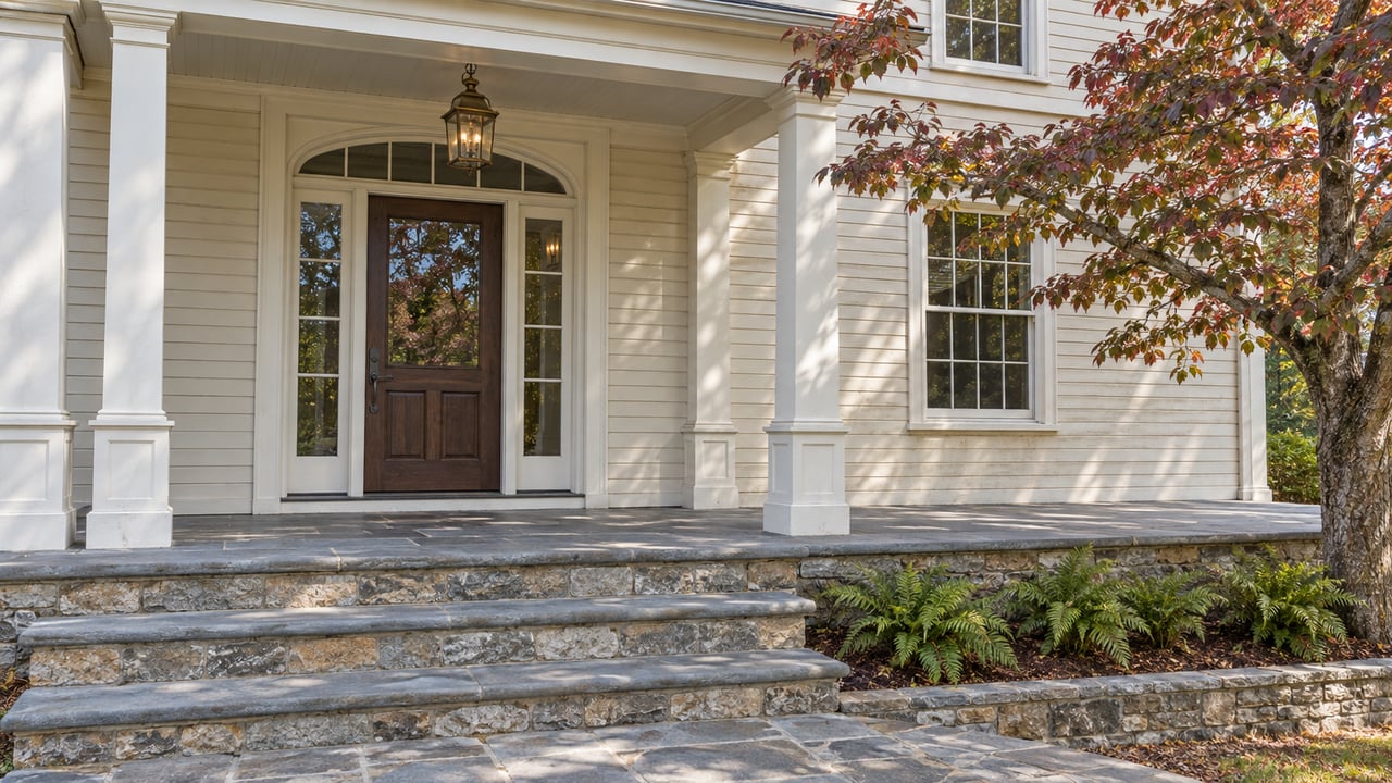 Cream clapboard home with a dark wood entry door, glazed sidelights, arched transom and broad bluestone steps beside an early-autumn flowering dogwood.
