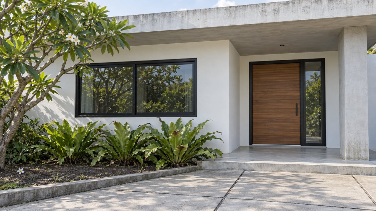 Morning light on a white concrete home's covered wood entrance, black-framed window and plumeria beside a concrete approach.
