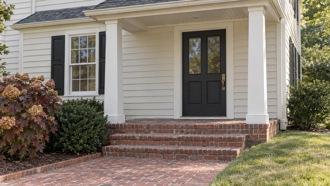 Ivory clapboard home with a charcoal door, paired window shutters, worn brick porch steps and autumn oakleaf hydrangea.