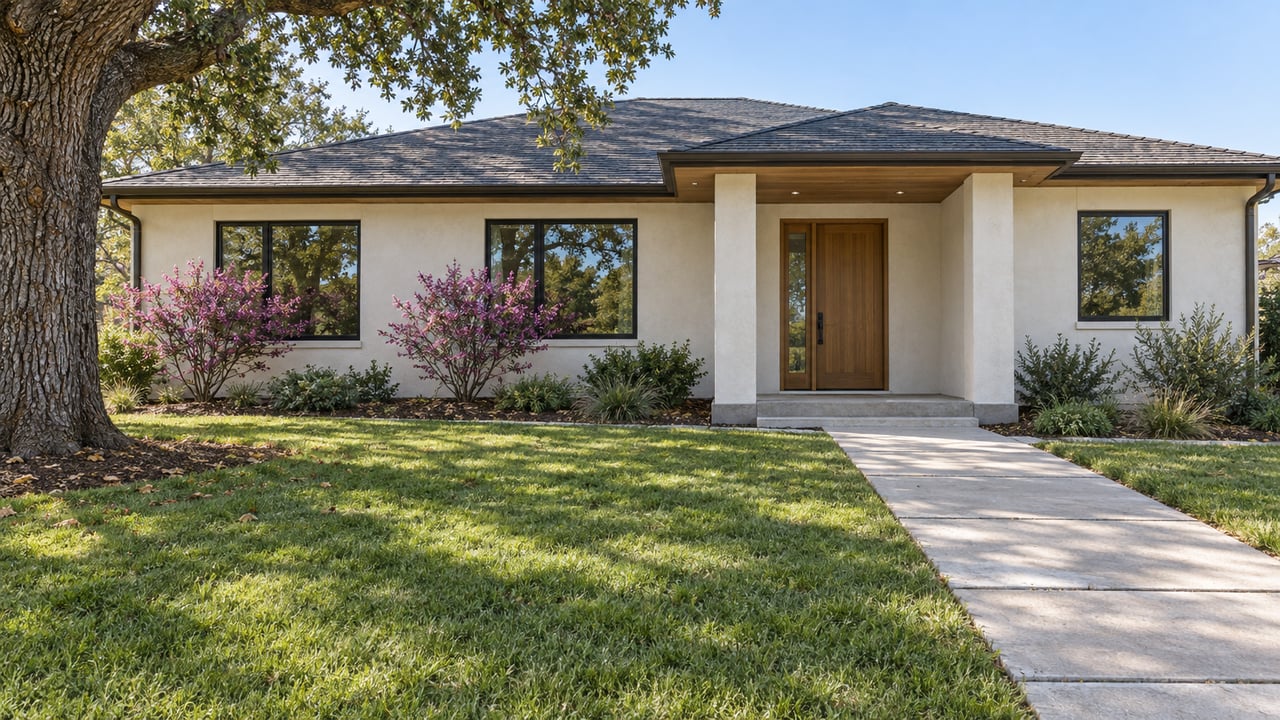 A single-story cream stucco home behind a deep green lawn, with black-framed windows, a wood front door, and a mature oak tree.