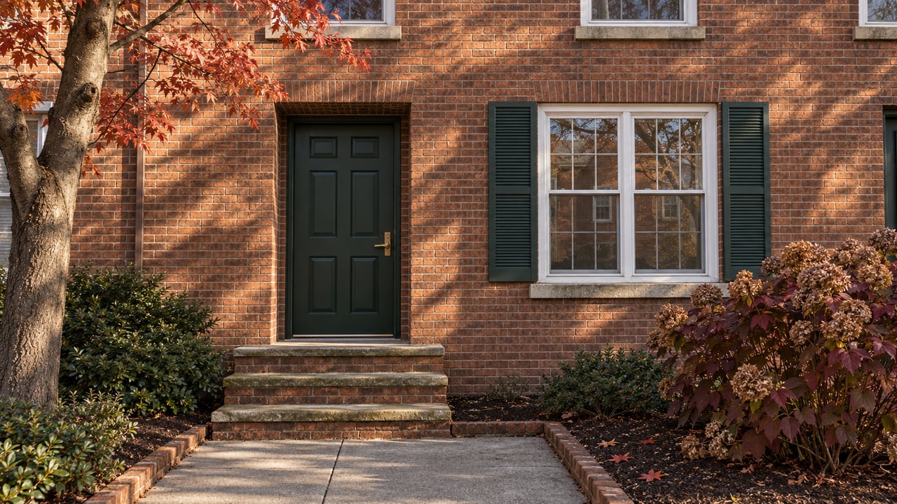 Warm afternoon light falls across a brick townhouse entry, sandstone-capped steps, and red autumn foliage.