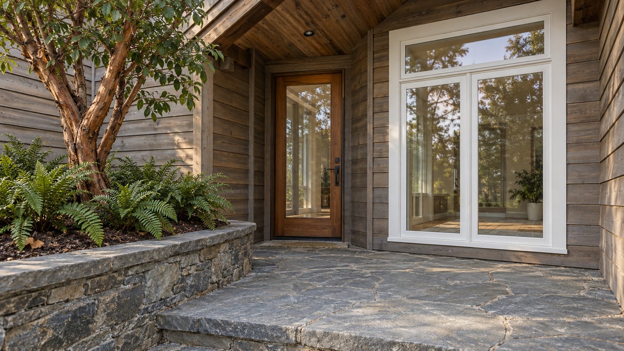 Timber-sided home with a sheltered glazed entrance, white-framed windows, sandstone landing, and a sculptural madrone beside ferns.