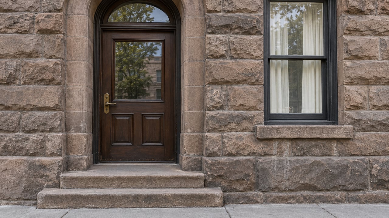 Weathered sandstone residential entry with a dark wood door, arched transom, brass handle and adjacent sash window above shallow stone steps.