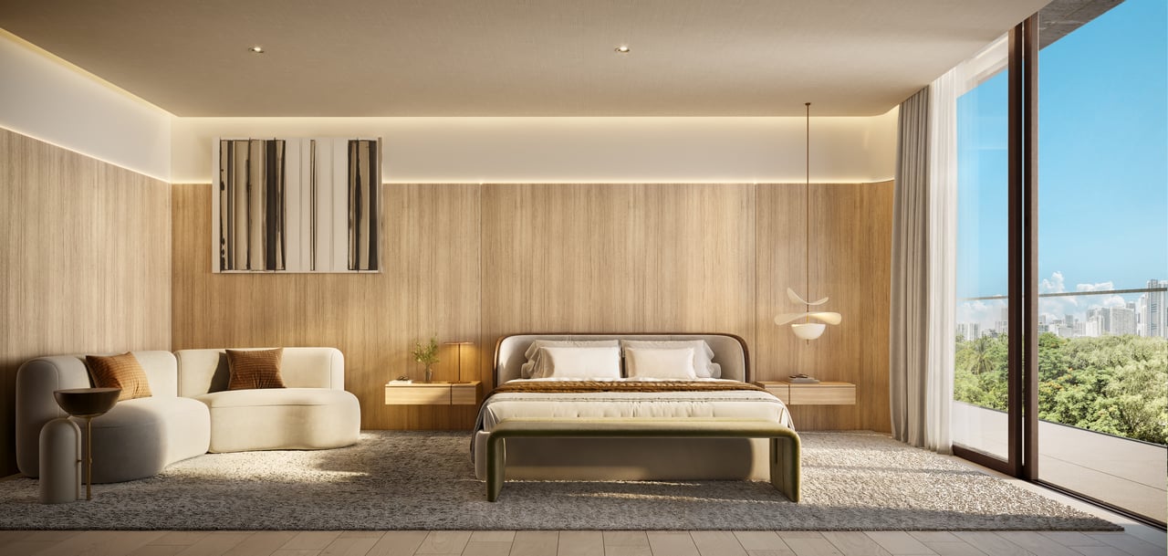 Primary bedroom at Colette Residences with warm wood finishes, floor-to-ceiling glass, private terrace access, and views of South Brickell.