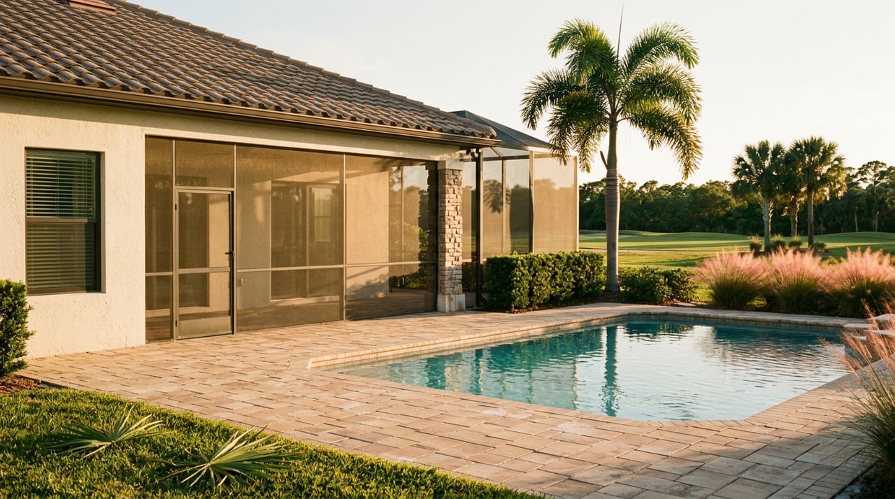Stucco home with terracotta tile roof and screened pool lanai overlooking a golf fairway and palm-lined horizon.