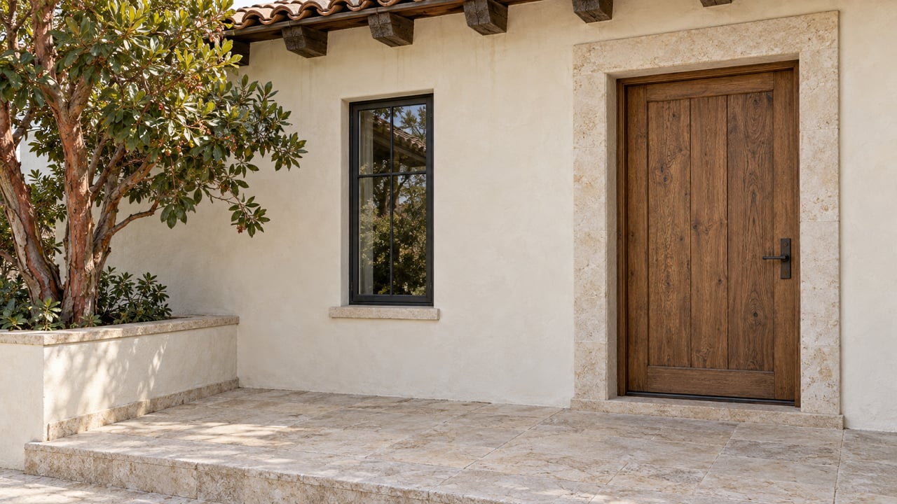 Oak entry door and narrow black casement window in a stucco facade, beside a raised planter with a strawberry tree.