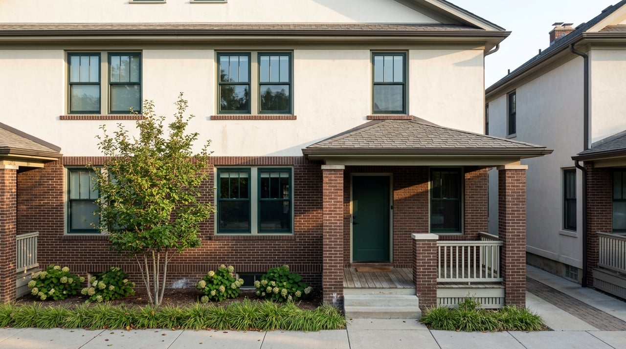 Narrow-lot brick rowhouse with a covered porch, green door, and small tree beside the stoop.