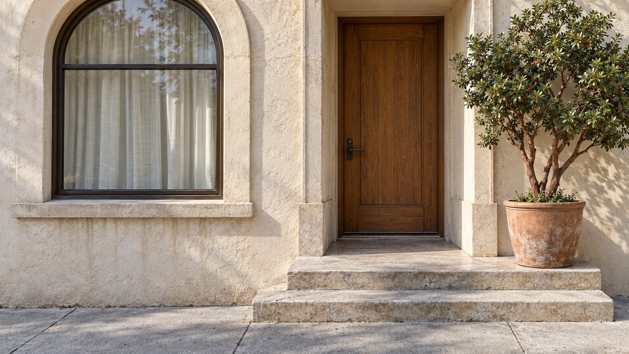 Sunlit ivory stucco residential facade with an arched bronze-framed window, oak entry door, limestone steps and a terracotta planter holding a strawberry tree.