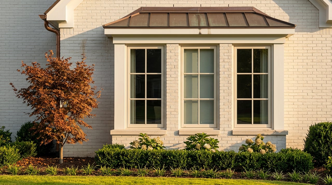 Three-window bay beneath a patinated copper roof, framed by limewashed brick, boxwood, hydrangeas, and an autumn maple.