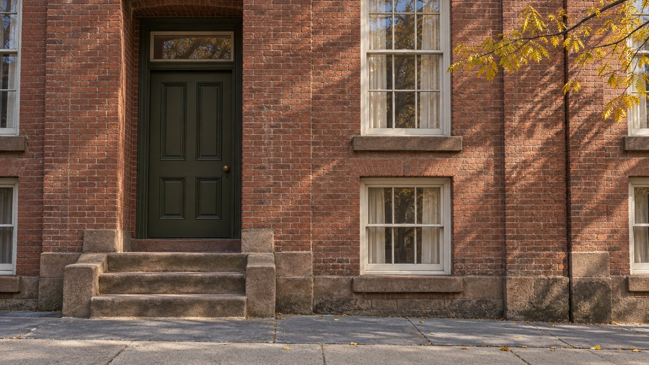 Red-brick townhouse entrance with a dark olive door, sandstone steps, tall sash windows and golden autumn leaves.