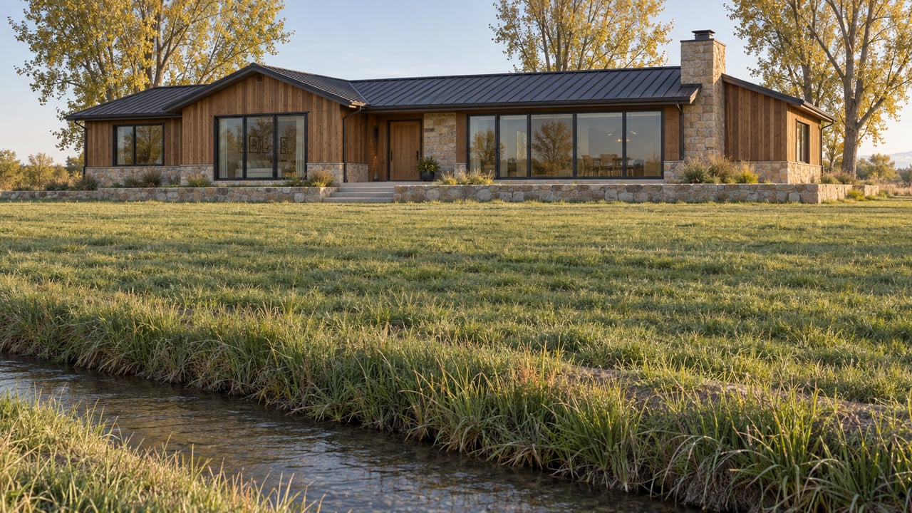 Long ranch house with timber siding and sandstone base beyond green pasture, beside a narrow irrigation channel.
