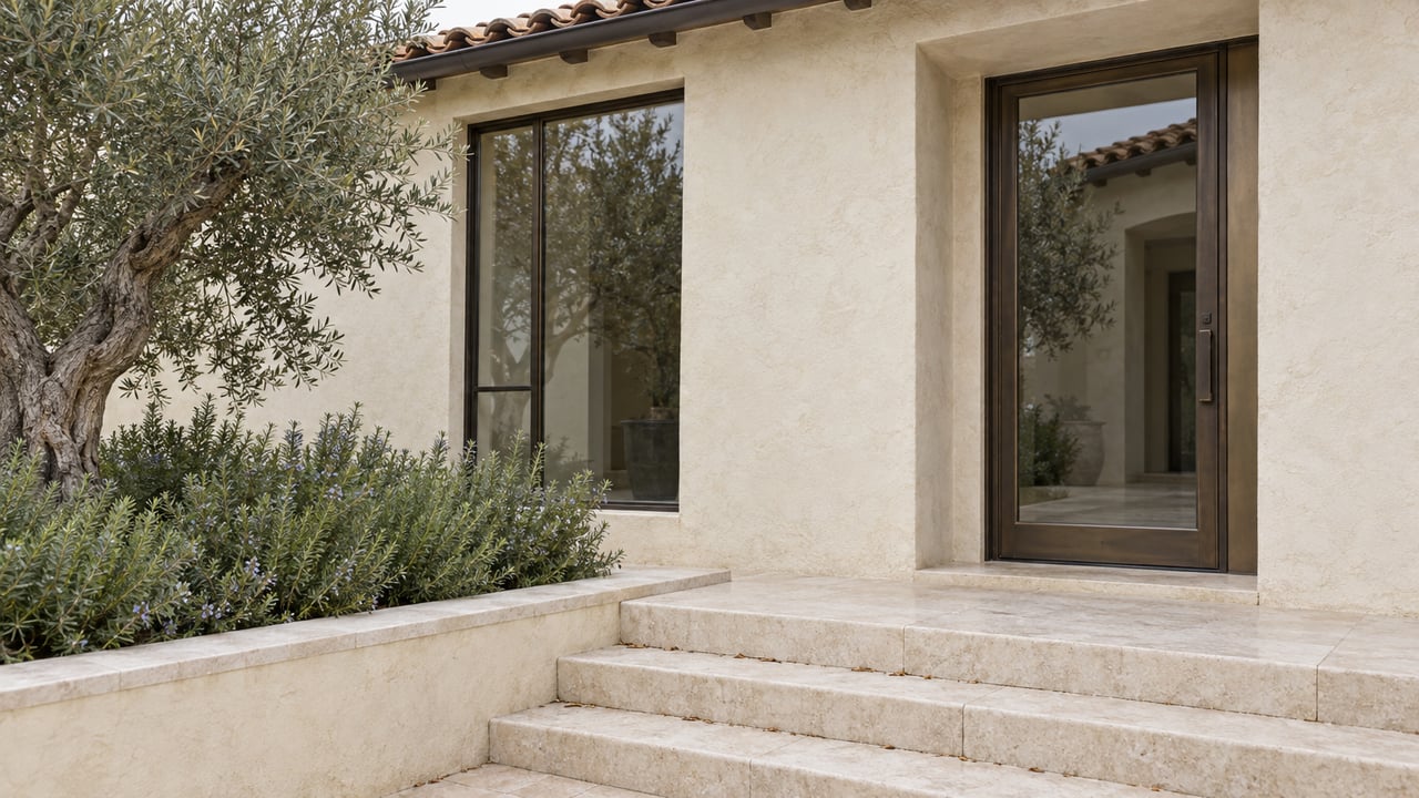 Ivory stucco house entry with bronze-framed door and window, limestone steps, and an olive tree.