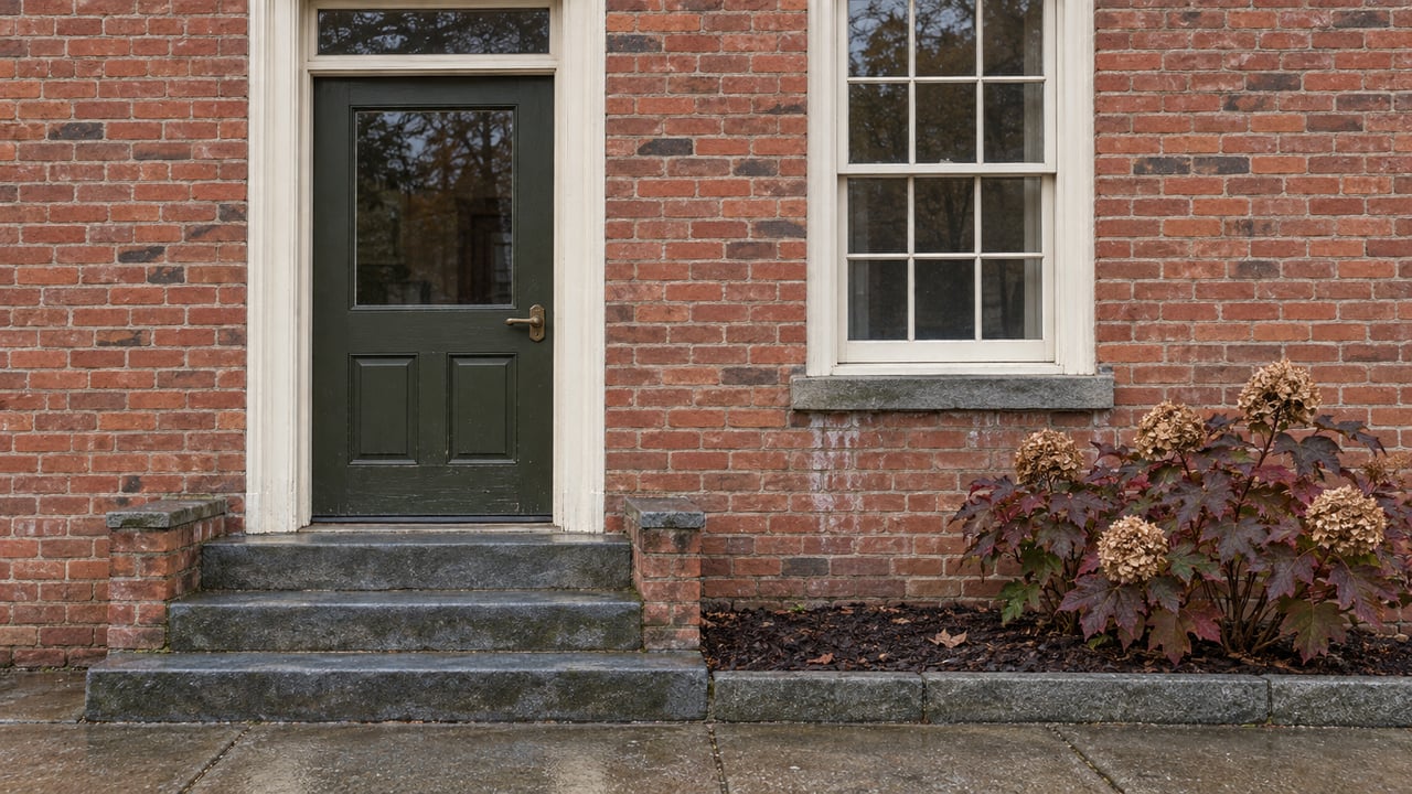 An olive-painted door and cream sash window in an aged red-brick facade, above rain-darkened stone steps beside a burgundy oakleaf hydrangea.